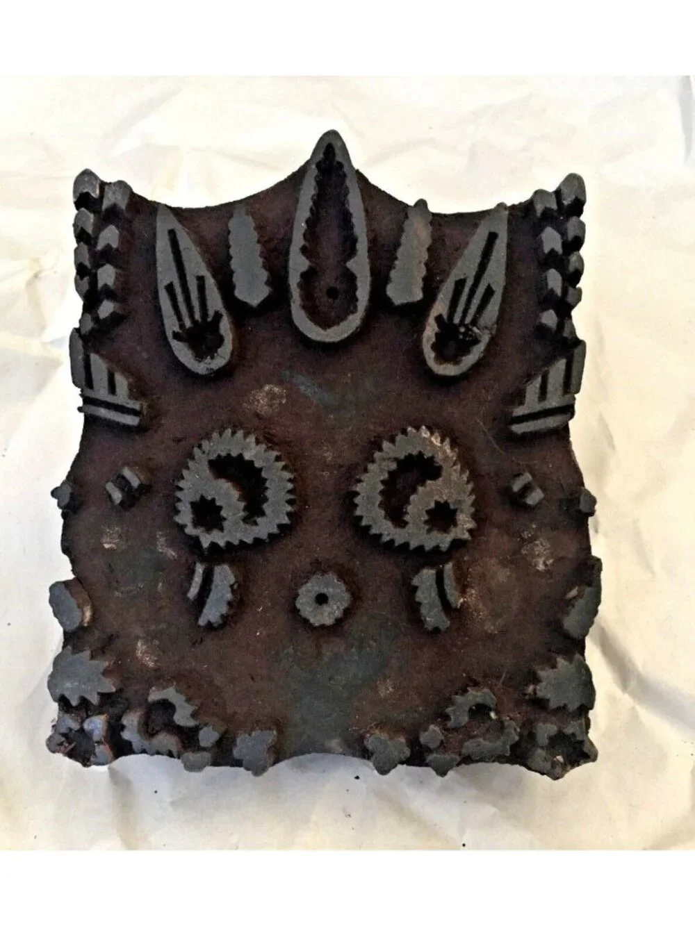 Vintage Textile Fabric Printing Wood Block Batik Gears Steampunk India 5 x 5 1/2